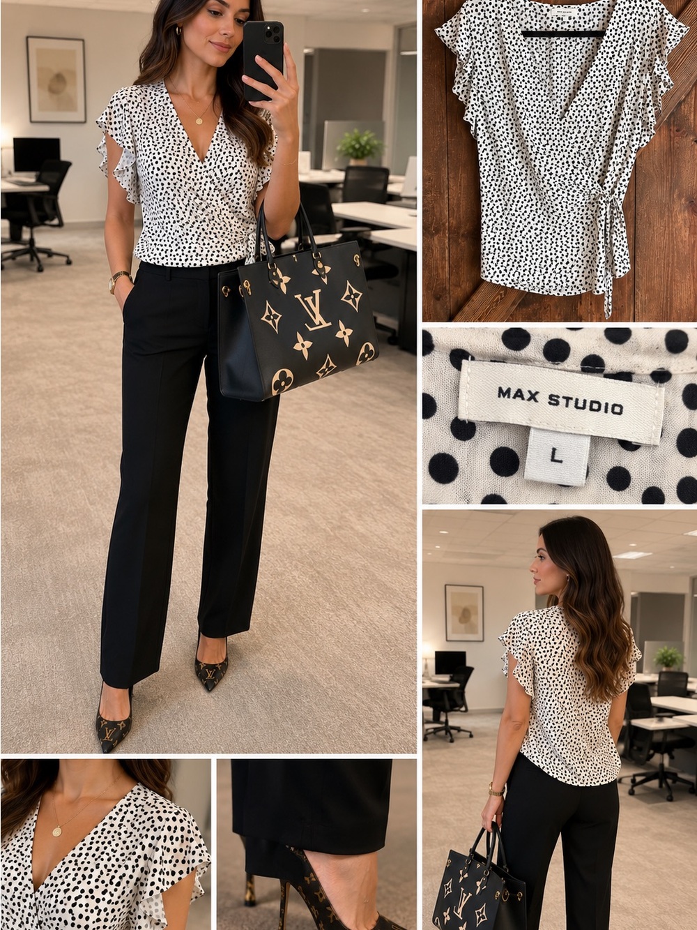 Max Studio White with Black Polka Dot Wrap Top-size L